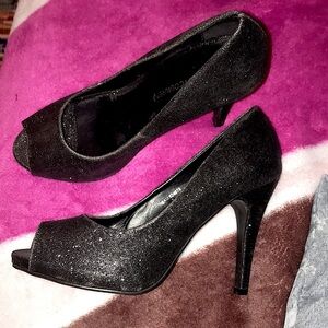 BLACK SPARKLY GLAM PUMPS HEELS PEEP TOE
